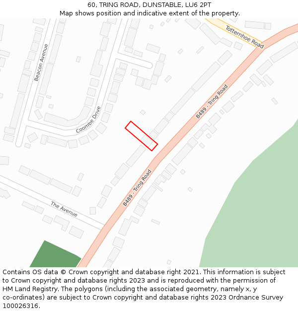 60, TRING ROAD, DUNSTABLE, LU6 2PT: Location map and indicative extent of plot