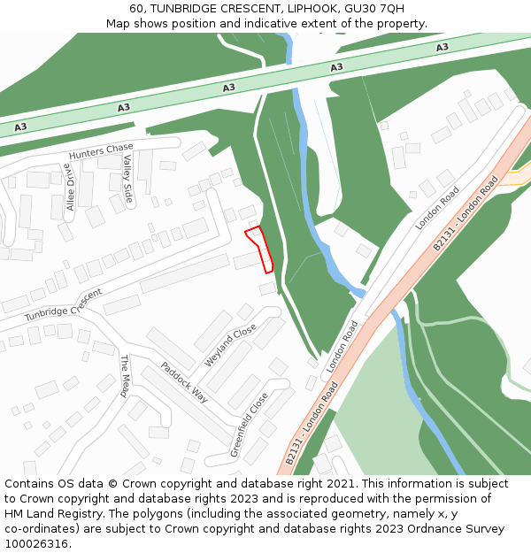 60, TUNBRIDGE CRESCENT, LIPHOOK, GU30 7QH: Location map and indicative extent of plot