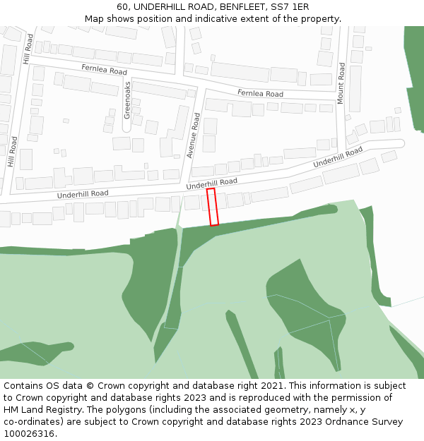 60, UNDERHILL ROAD, BENFLEET, SS7 1ER: Location map and indicative extent of plot