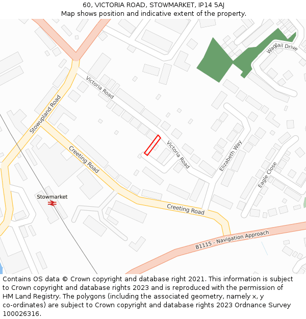 60, VICTORIA ROAD, STOWMARKET, IP14 5AJ: Location map and indicative extent of plot