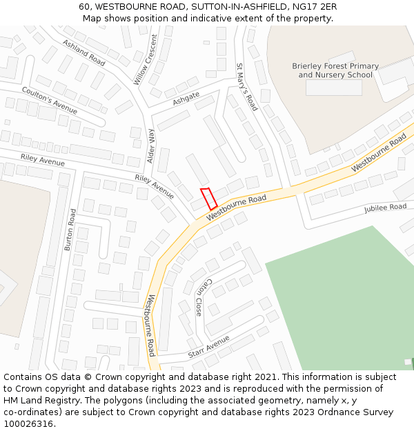 60, WESTBOURNE ROAD, SUTTON-IN-ASHFIELD, NG17 2ER: Location map and indicative extent of plot