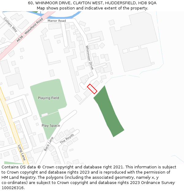 60, WHINMOOR DRIVE, CLAYTON WEST, HUDDERSFIELD, HD8 9QA: Location map and indicative extent of plot
