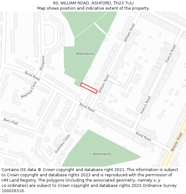 60, WILLIAM ROAD, ASHFORD, TN23 7UU: Location map and indicative extent of plot