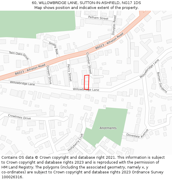 60, WILLOWBRIDGE LANE, SUTTON-IN-ASHFIELD, NG17 1DS: Location map and indicative extent of plot