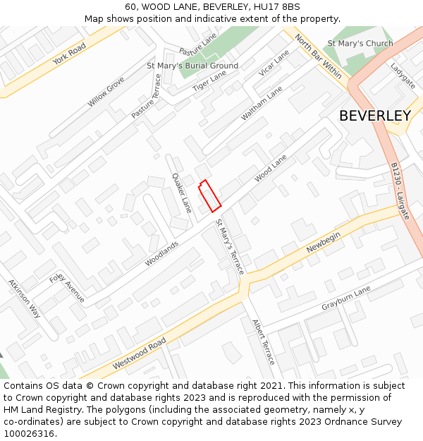60, WOOD LANE, BEVERLEY, HU17 8BS: Location map and indicative extent of plot