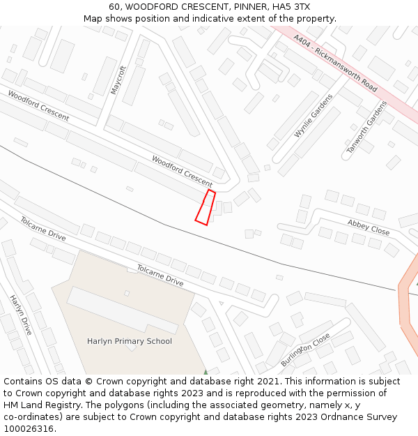 60, WOODFORD CRESCENT, PINNER, HA5 3TX: Location map and indicative extent of plot