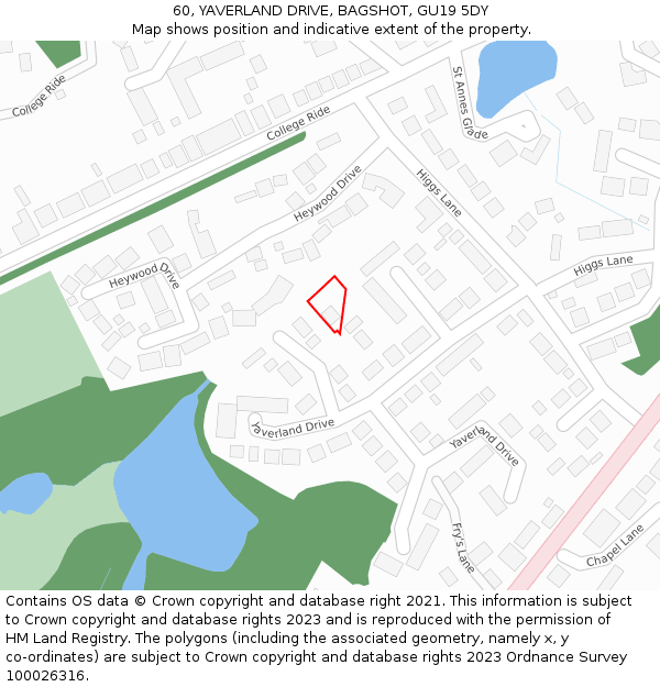 60, YAVERLAND DRIVE, BAGSHOT, GU19 5DY: Location map and indicative extent of plot