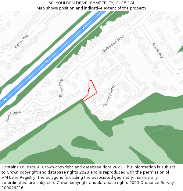 60, YOULDEN DRIVE, CAMBERLEY, GU15 1AL: Location map and indicative extent of plot