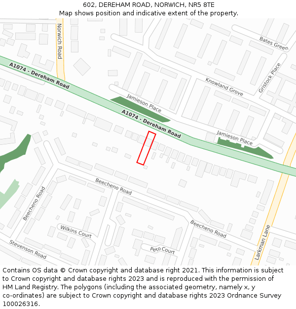 602, DEREHAM ROAD, NORWICH, NR5 8TE: Location map and indicative extent of plot