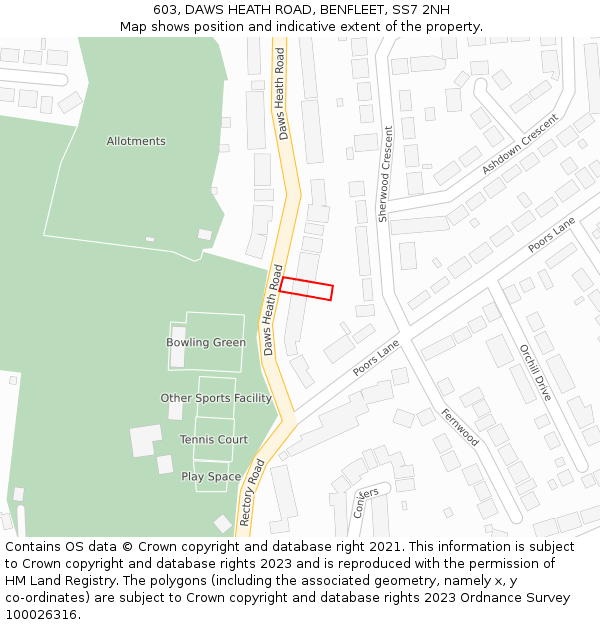 603, DAWS HEATH ROAD, BENFLEET, SS7 2NH: Location map and indicative extent of plot