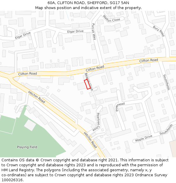 60A, CLIFTON ROAD, SHEFFORD, SG17 5AN: Location map and indicative extent of plot