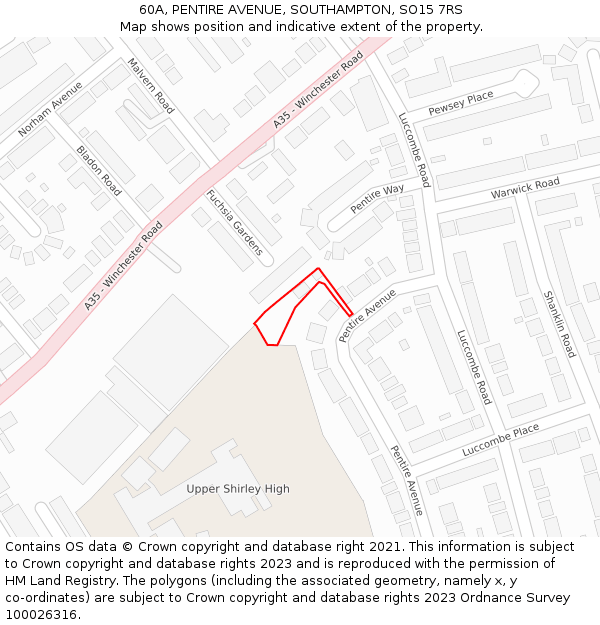 60A, PENTIRE AVENUE, SOUTHAMPTON, SO15 7RS: Location map and indicative extent of plot