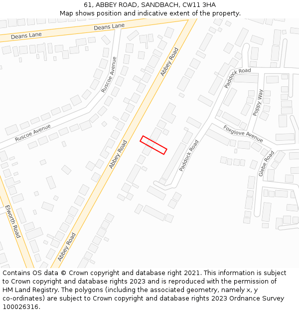 61, ABBEY ROAD, SANDBACH, CW11 3HA: Location map and indicative extent of plot