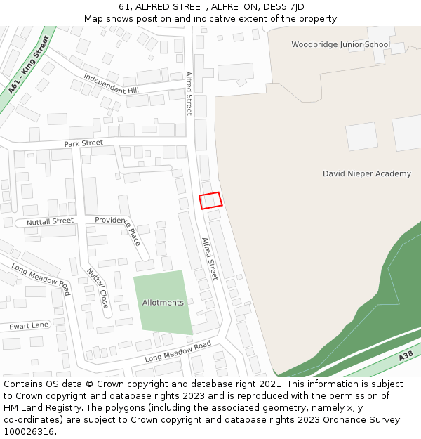 61, ALFRED STREET, ALFRETON, DE55 7JD: Location map and indicative extent of plot