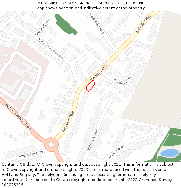 61, ALVINGTON WAY, MARKET HARBOROUGH, LE16 7NF: Location map and indicative extent of plot