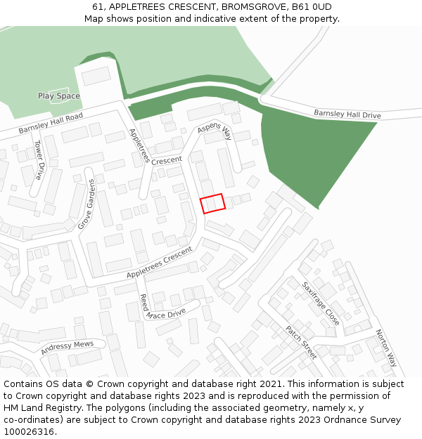 61, APPLETREES CRESCENT, BROMSGROVE, B61 0UD: Location map and indicative extent of plot