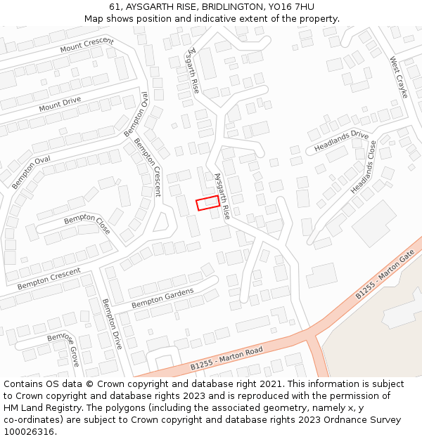 61, AYSGARTH RISE, BRIDLINGTON, YO16 7HU: Location map and indicative extent of plot