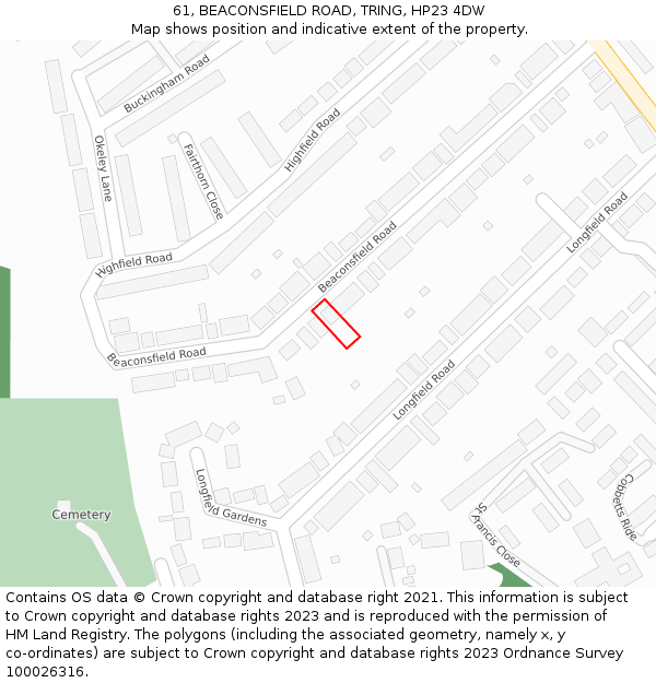 61, BEACONSFIELD ROAD, TRING, HP23 4DW: Location map and indicative extent of plot