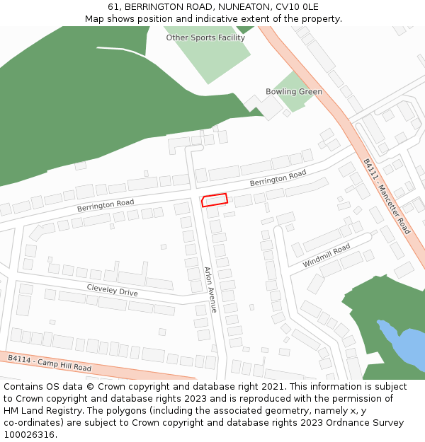 61, BERRINGTON ROAD, NUNEATON, CV10 0LE: Location map and indicative extent of plot