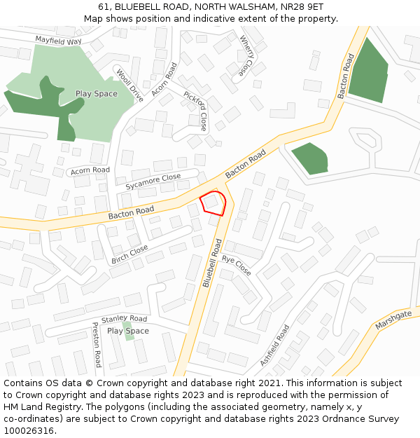 61, BLUEBELL ROAD, NORTH WALSHAM, NR28 9ET: Location map and indicative extent of plot