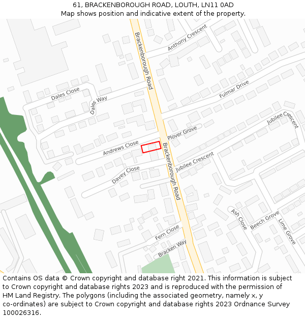 61, BRACKENBOROUGH ROAD, LOUTH, LN11 0AD: Location map and indicative extent of plot