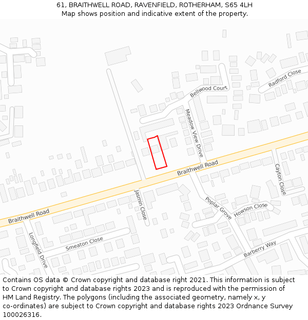 61, BRAITHWELL ROAD, RAVENFIELD, ROTHERHAM, S65 4LH: Location map and indicative extent of plot