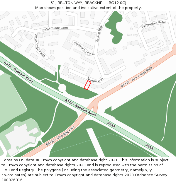 61, BRUTON WAY, BRACKNELL, RG12 0GJ: Location map and indicative extent of plot