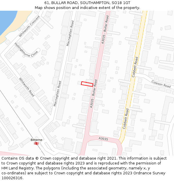 61, BULLAR ROAD, SOUTHAMPTON, SO18 1GT: Location map and indicative extent of plot