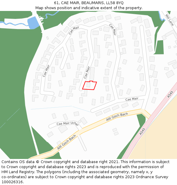 61, CAE MAIR, BEAUMARIS, LL58 8YQ: Location map and indicative extent of plot