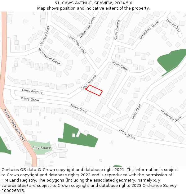 61, CAWS AVENUE, SEAVIEW, PO34 5JX: Location map and indicative extent of plot