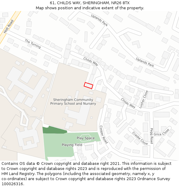 61, CHILDS WAY, SHERINGHAM, NR26 8TX: Location map and indicative extent of plot