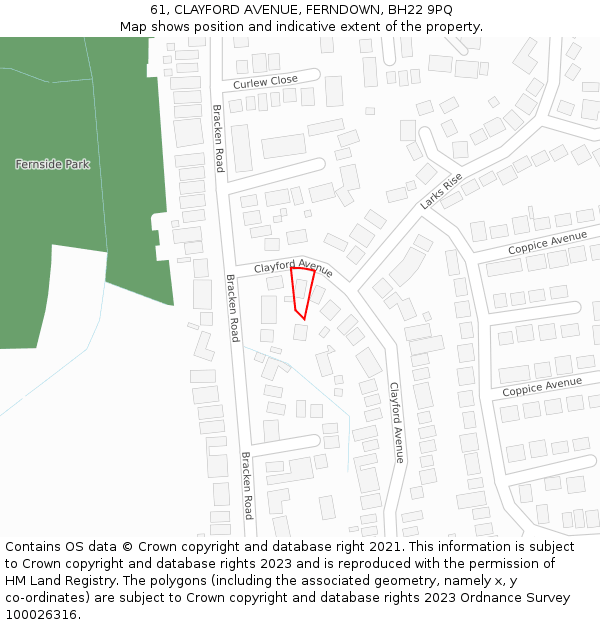 61, CLAYFORD AVENUE, FERNDOWN, BH22 9PQ: Location map and indicative extent of plot
