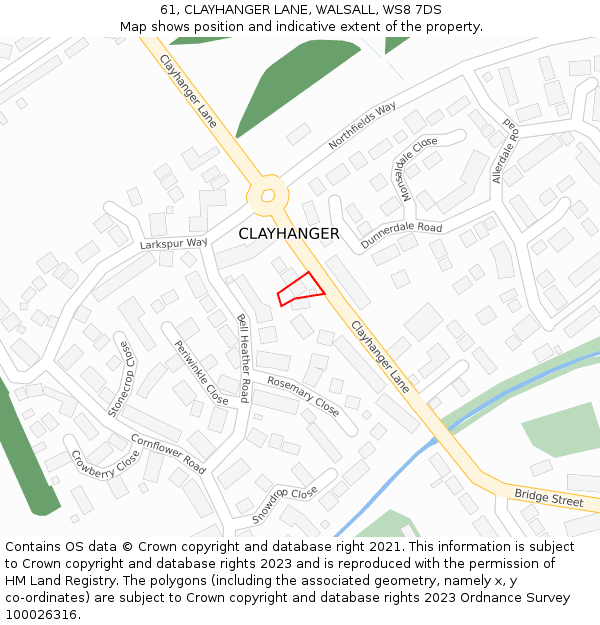 61, CLAYHANGER LANE, WALSALL, WS8 7DS: Location map and indicative extent of plot