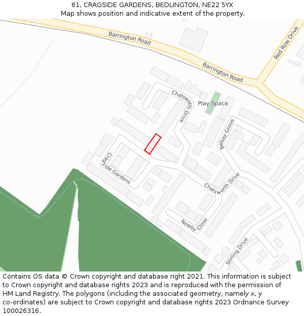 61, CRAGSIDE GARDENS, BEDLINGTON, NE22 5YX: Location map and indicative extent of plot