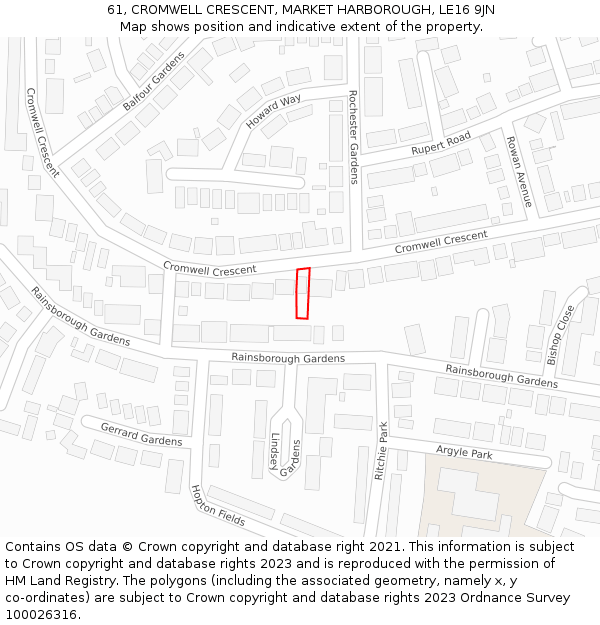 61, CROMWELL CRESCENT, MARKET HARBOROUGH, LE16 9JN: Location map and indicative extent of plot