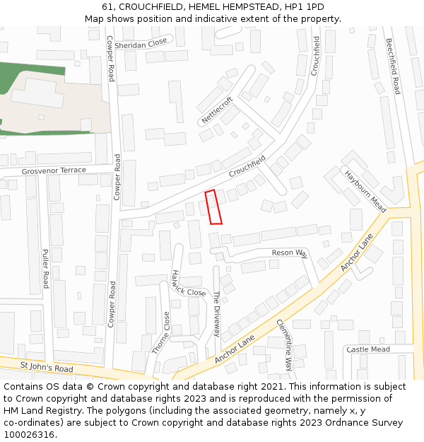 61, CROUCHFIELD, HEMEL HEMPSTEAD, HP1 1PD: Location map and indicative extent of plot