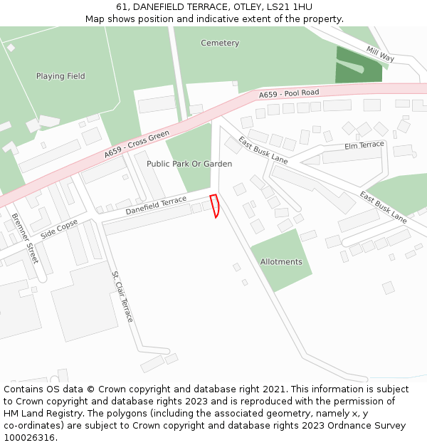 61, DANEFIELD TERRACE, OTLEY, LS21 1HU: Location map and indicative extent of plot