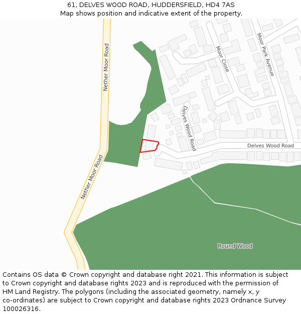 61, DELVES WOOD ROAD, HUDDERSFIELD, HD4 7AS: Location map and indicative extent of plot