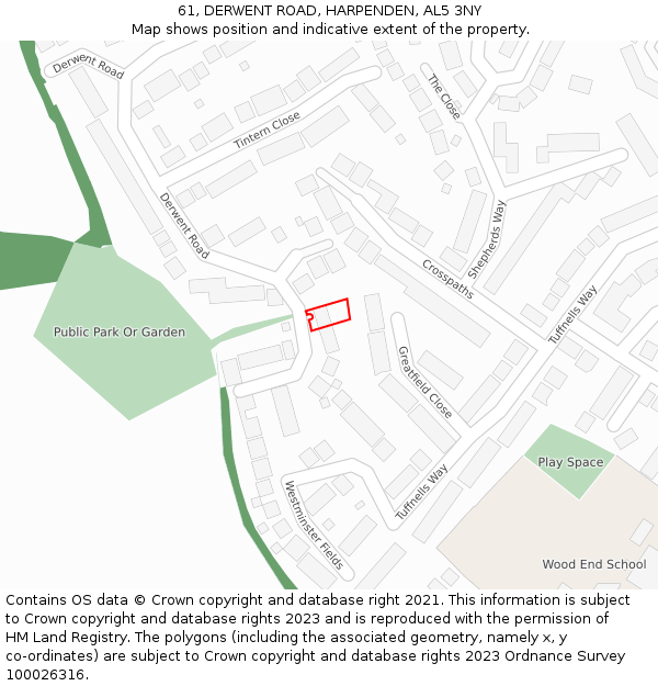 61, DERWENT ROAD, HARPENDEN, AL5 3NY: Location map and indicative extent of plot