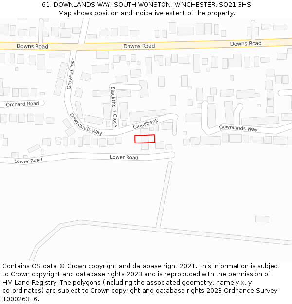 61, DOWNLANDS WAY, SOUTH WONSTON, WINCHESTER, SO21 3HS: Location map and indicative extent of plot