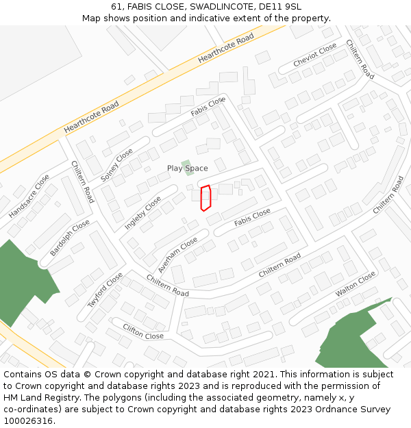 61, FABIS CLOSE, SWADLINCOTE, DE11 9SL: Location map and indicative extent of plot