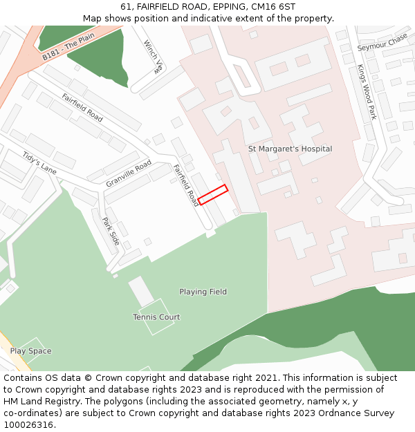 61, FAIRFIELD ROAD, EPPING, CM16 6ST: Location map and indicative extent of plot