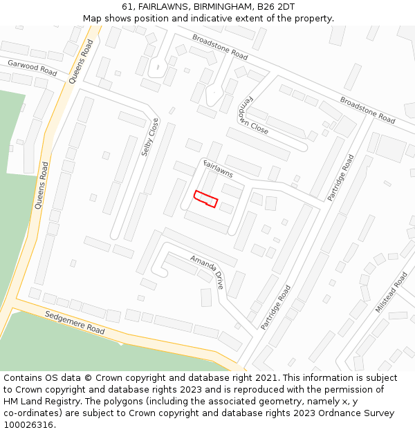 61, FAIRLAWNS, BIRMINGHAM, B26 2DT: Location map and indicative extent of plot