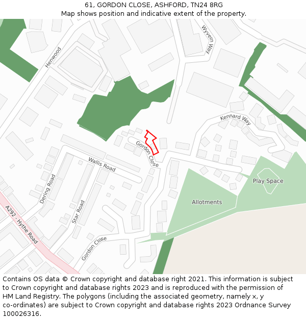 61, GORDON CLOSE, ASHFORD, TN24 8RG: Location map and indicative extent of plot