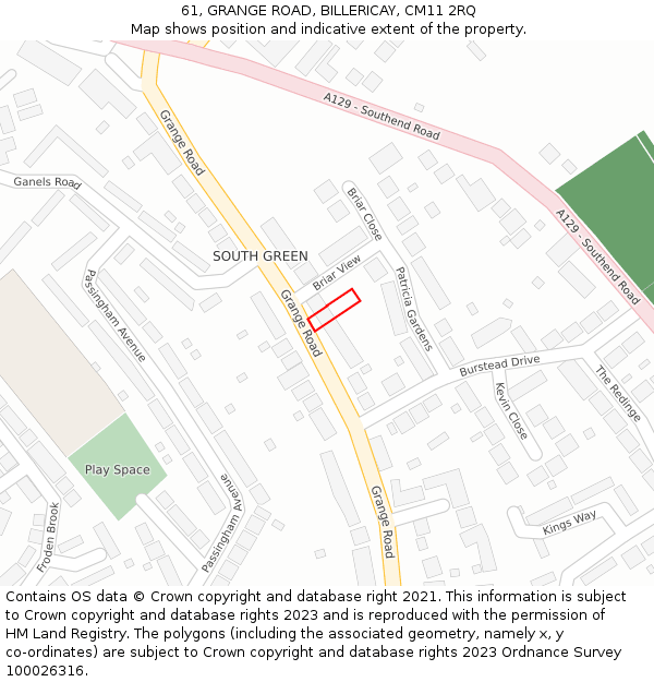 61, GRANGE ROAD, BILLERICAY, CM11 2RQ: Location map and indicative extent of plot