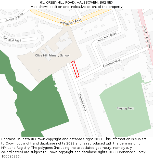 61, GREENHILL ROAD, HALESOWEN, B62 8EX: Location map and indicative extent of plot