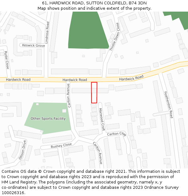 61, HARDWICK ROAD, SUTTON COLDFIELD, B74 3DN: Location map and indicative extent of plot