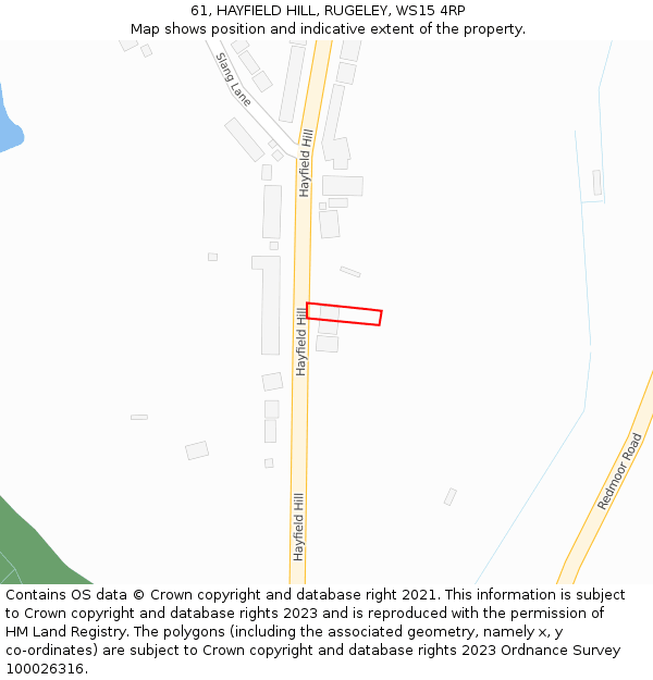 61, HAYFIELD HILL, RUGELEY, WS15 4RP: Location map and indicative extent of plot