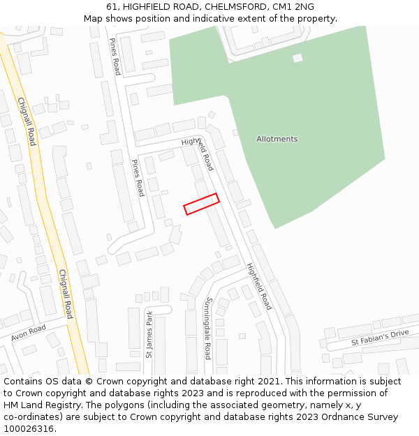 61, HIGHFIELD ROAD, CHELMSFORD, CM1 2NG: Location map and indicative extent of plot