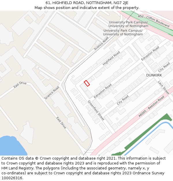 61, HIGHFIELD ROAD, NOTTINGHAM, NG7 2JE: Location map and indicative extent of plot